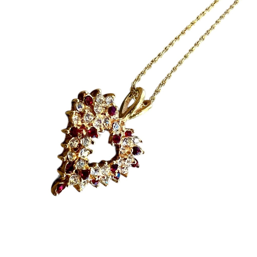 Vintage Gold Tone Heart Pendant Necklace with Red & White Rhinestones